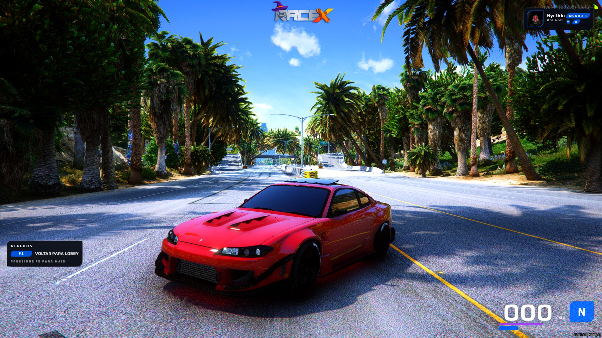 Cupê esportivo vermelho em avenida tropical no FiveM